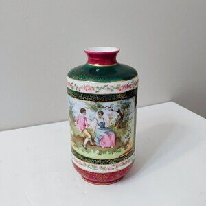 Vintage Rococo Porcelain Vase With Romantic Couple Scene & Gold Detail Victorian
